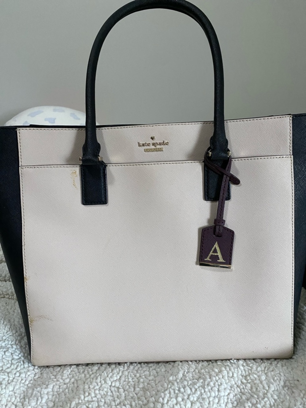 kate spade Pale Pink and Black Leather Tote with Initial Charm